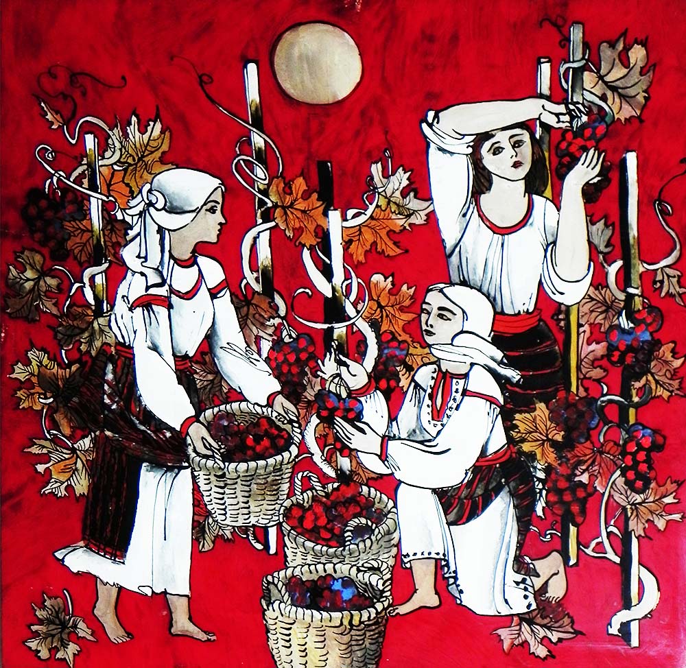 Н. Кирилова. «Виноградарі». 1979. Скло, туш, олія. Ужгород